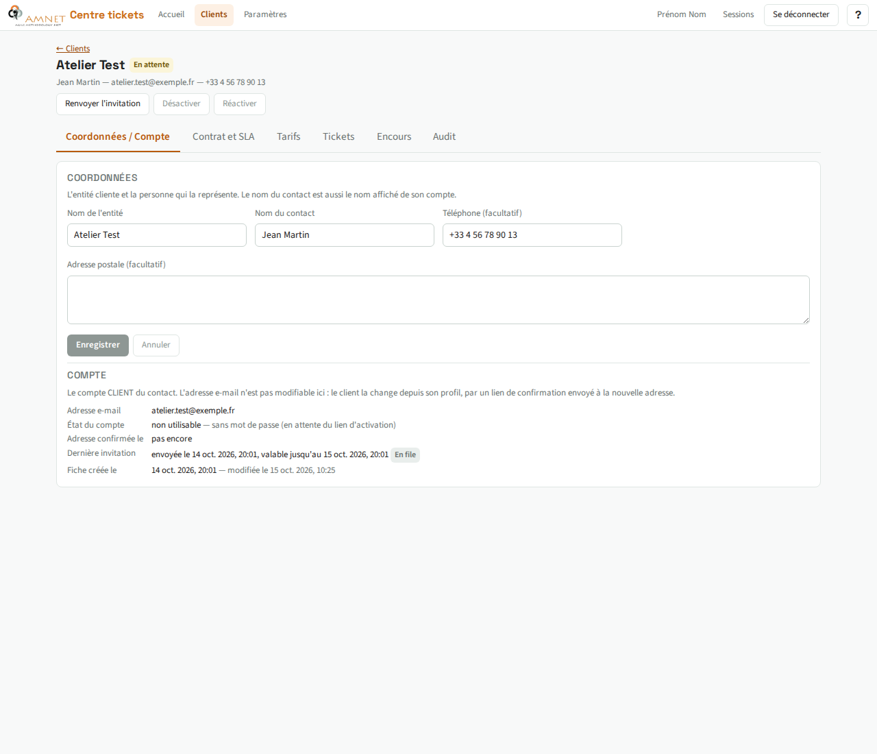 Fiche d’un client de démonstration dans l’administration du centre de tickets AMNET